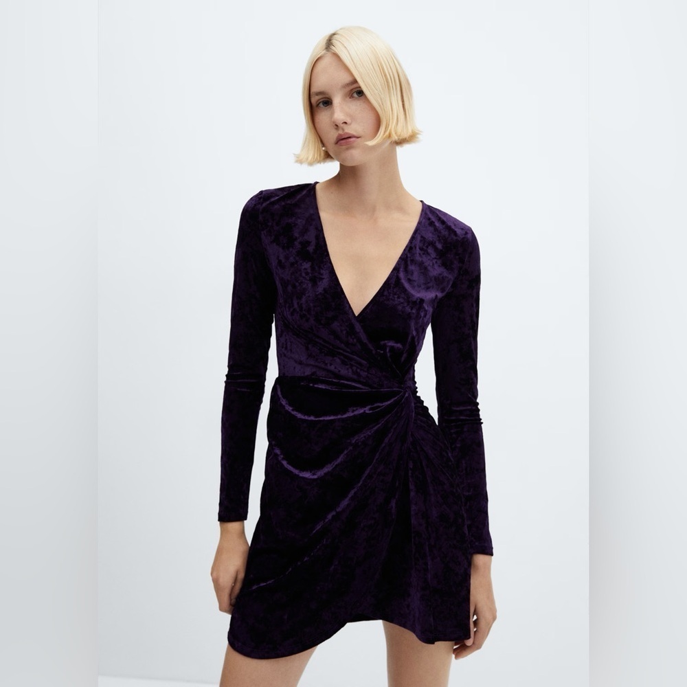 Mango purple velvet crossed dress NWT